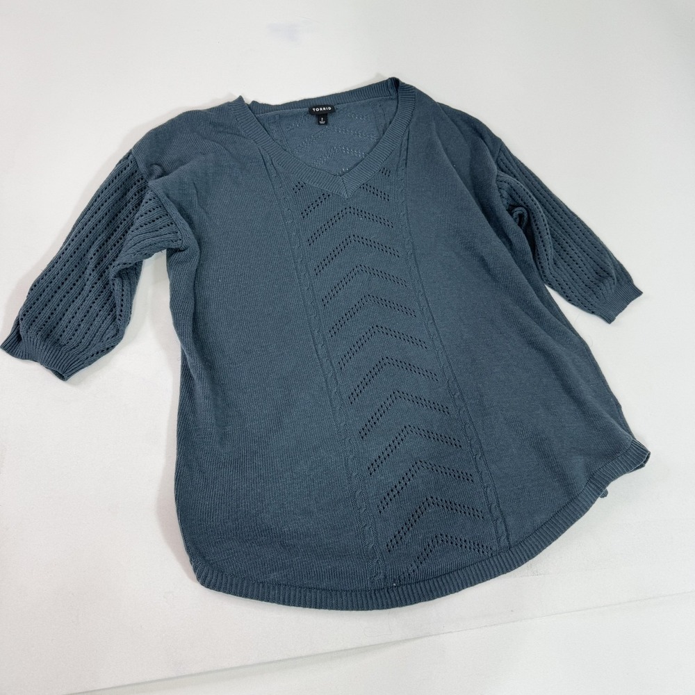 Torrid Sweater Womens 2X Blue V Neck Pointelle 3/4 Sleeve Tunic Knit Pullover